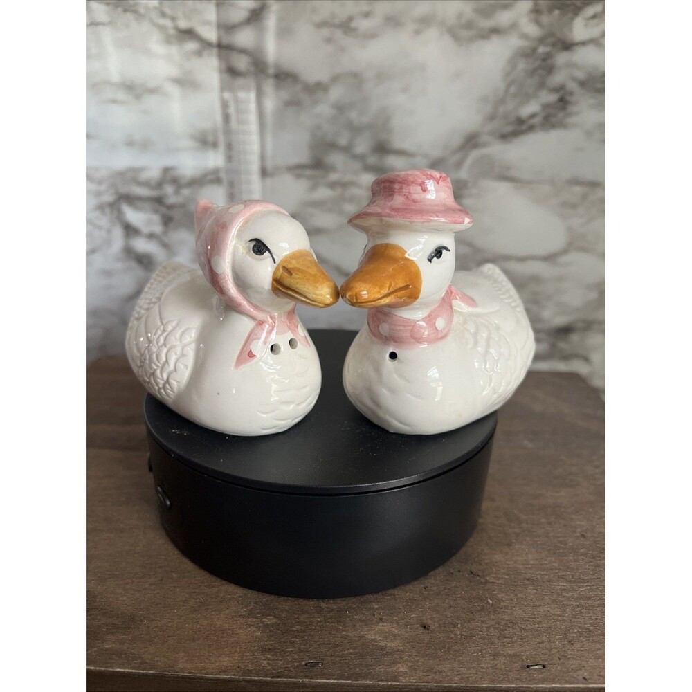 Mr & Mrs Goose Ceramic Salt And Pepper Shakers Geese Pink Hat And Kerchief